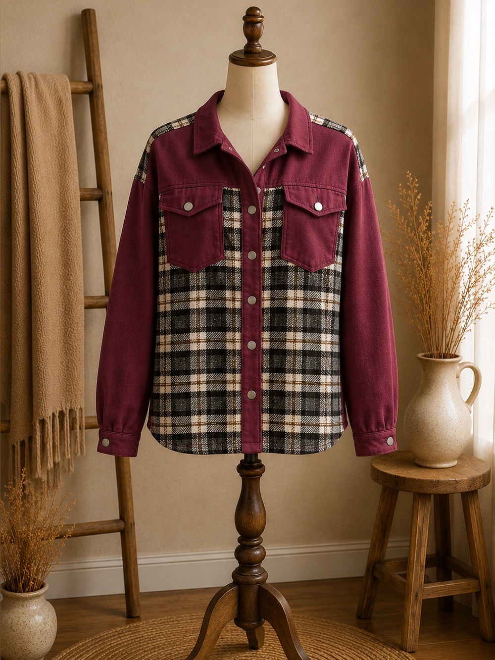 Comfortably U Plaid Burgundy Jacket Size Large Shacket